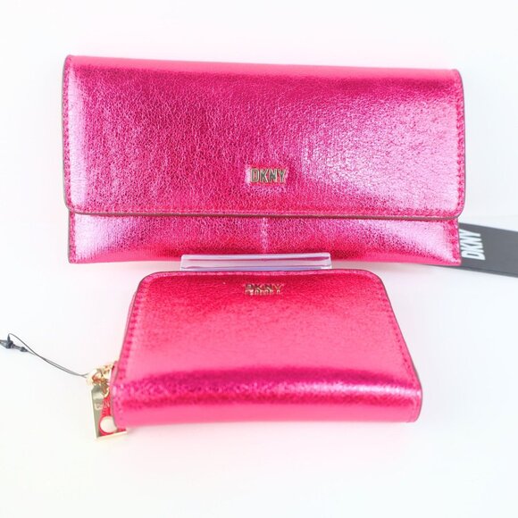 2 PC set -DKNY Lumen metallic faux-leather logo wallet + card case Pink - Picture 1 of 16